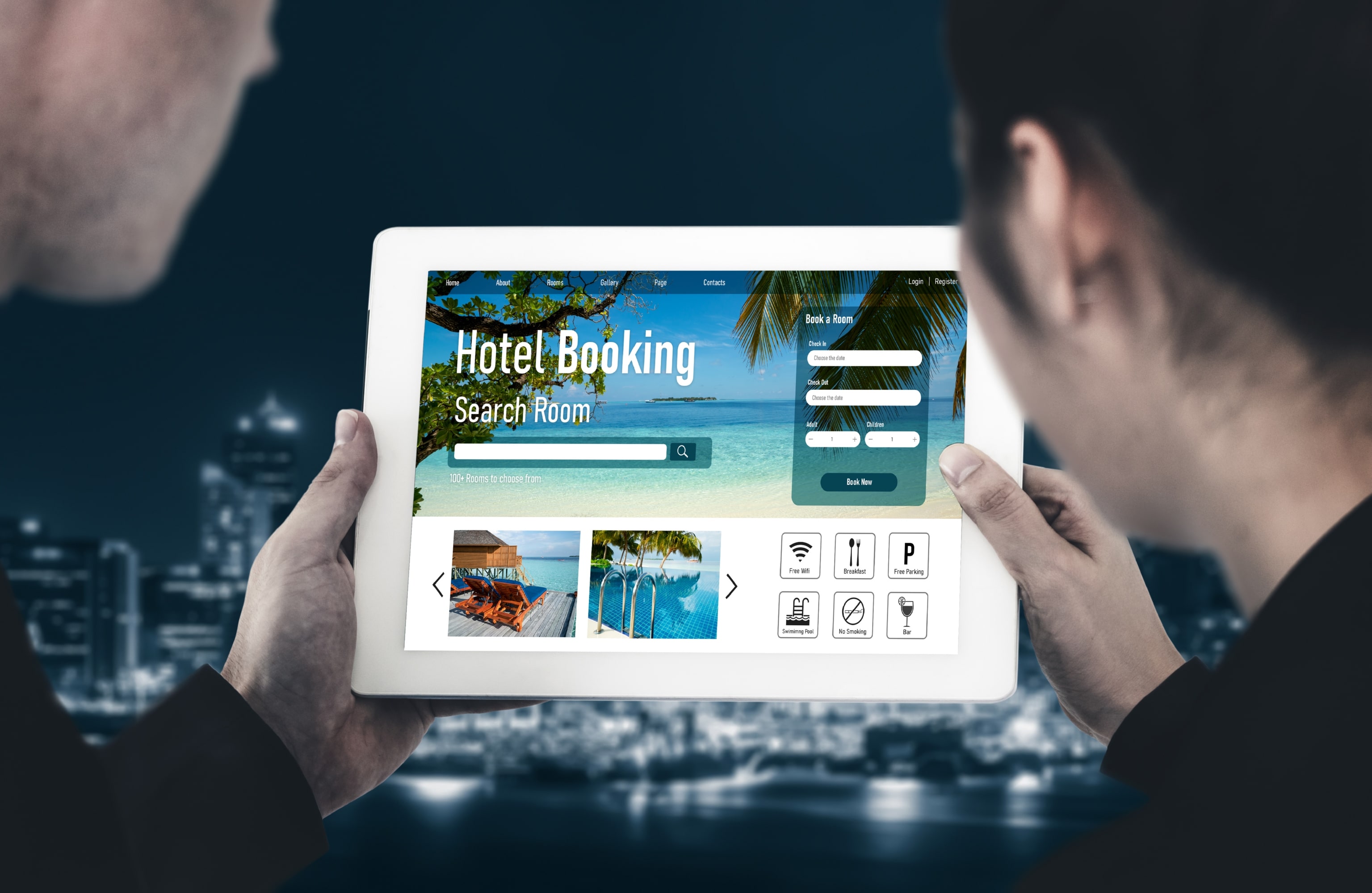 Hotel check-in dashboard showing mobile pre-arrival, ID verification, room assignment, and PMS sync workflow